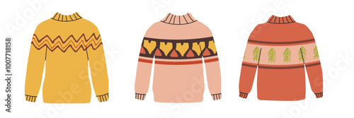 Sweaters set  isolated on white in flat stile. Warm clothes set. Vector illustration