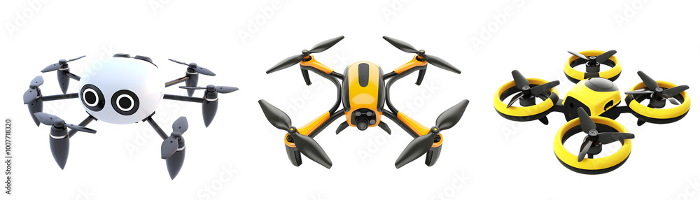 Set of drones isolated on transparent background.