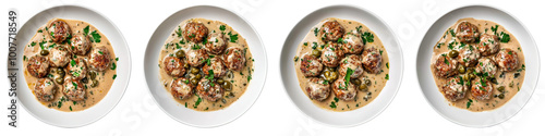 collection Set of A blended meatballs in a creamy sauce with capers and herbs on a transparent background cutout