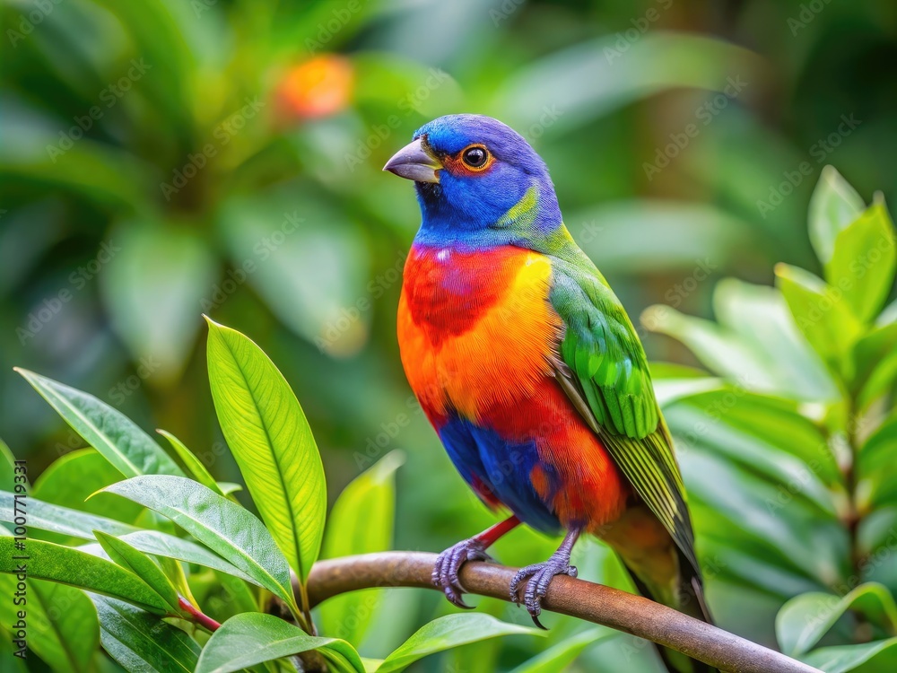 Vibrant Colorful Bird Perched on a Branch with Lush Green Foliage in a Natural Habitat Setting Vibrant Colorful Bird Perched on a Branch with Lush Green Foliage in a Natural Habitat Setting