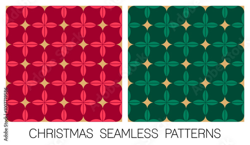 Set of red and green geometric elements with gold star seamless pattern design for christmas and new year background.