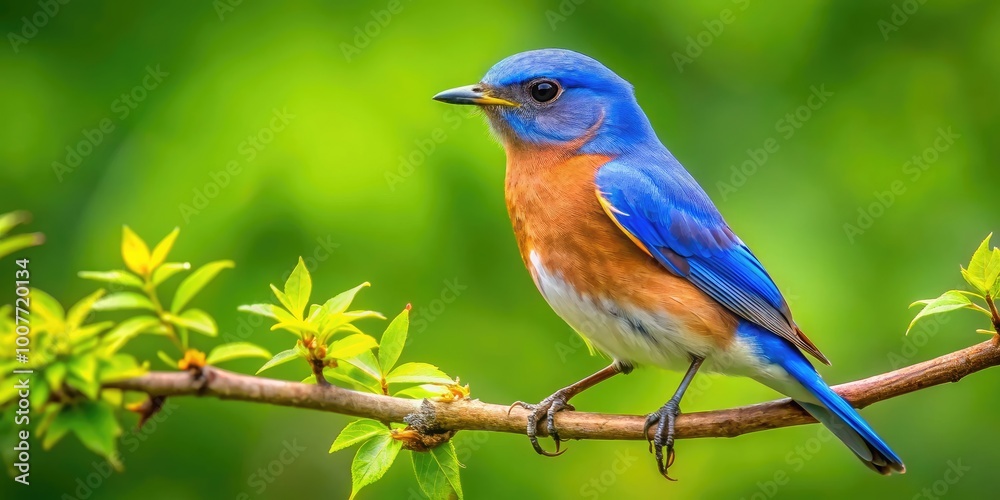 Vibrant Eastern Bluebird Perched on a Branch in the Lush Green Landscape of Georgia's Nature Vibrant Eastern Bluebird Perched on a Branch in the Lush Green Landscape of Georgia's Nature