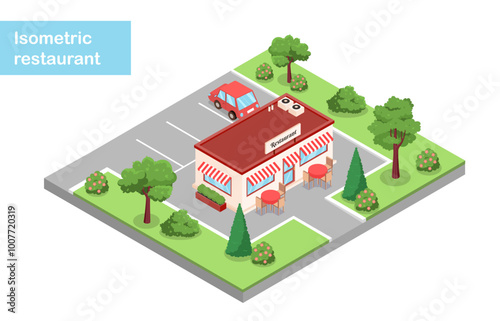 Isometric restaurant building. Cafe or restaurant. Urban infrastructure. Catering service with fast food and takeaway eating. Volumetric vector illustration