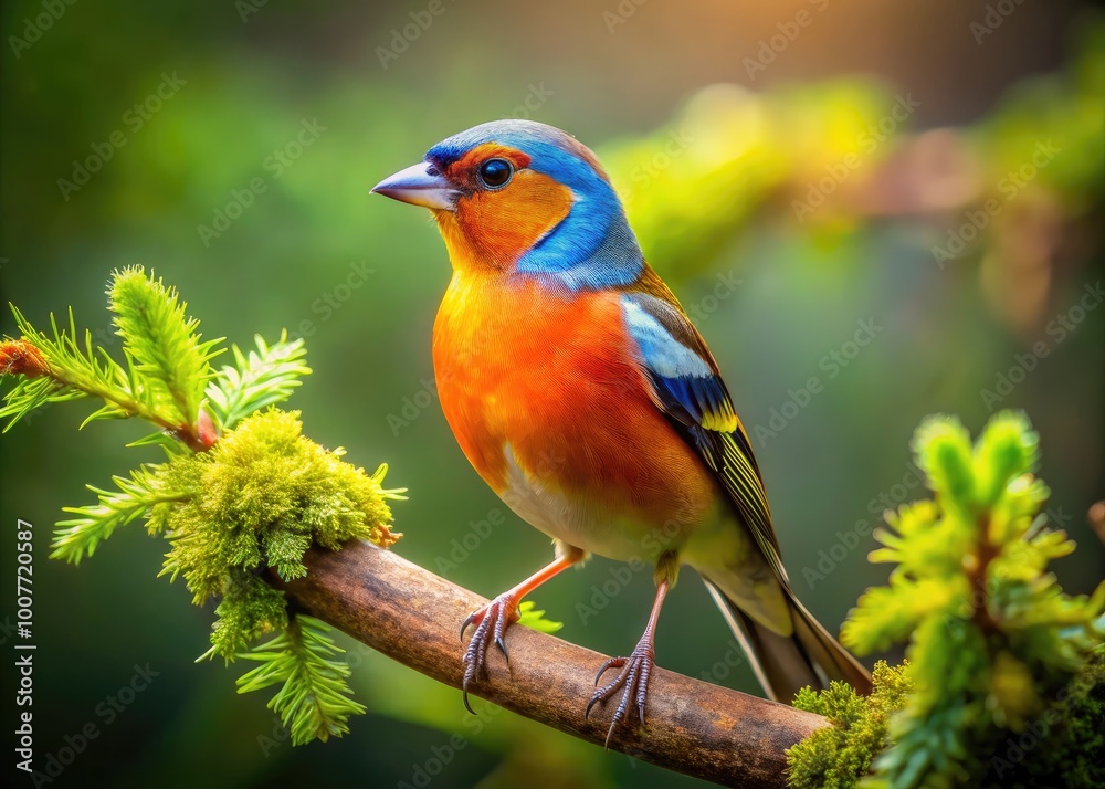 Vibrant Finch Bird Perched on a Branch Captured in Nature's Splendor Amidst Soft Greenery Vibrant Finch Bird Perched on a Branch Captured in Nature's Splendor Amidst Soft Greenery