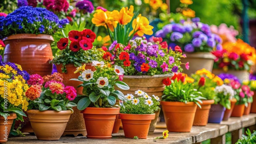 Vibrant Flower Pots with a Variety of Colorful Flowers Displaying Nature's Beauty in Springtime Vibrant Flower Pots with a Variety of Colorful Flowers Displaying Nature's Beauty in Springtime