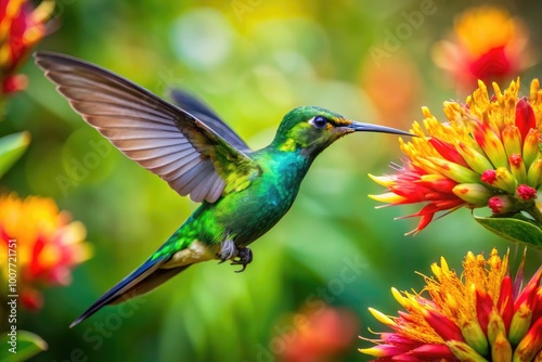 Vibrant Green Mango Hummingbird Feeding on Nectar from Colorful Tropical Flowers in Nature