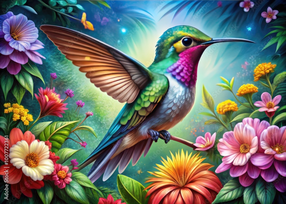 Vibrant Hummingbird Color Drawing with Intricate Details and Beautiful Floral Background Elements Vibrant Hummingbird Color Drawing with Intricate Details and Beautiful Floral Background Elements