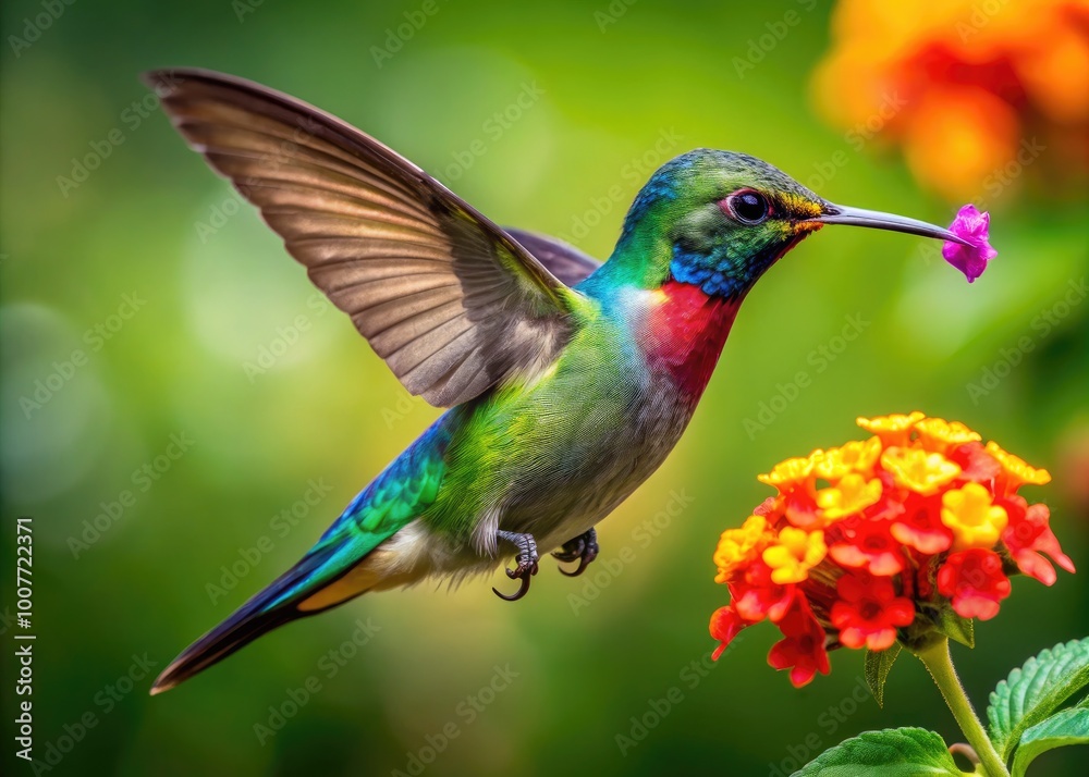 Fototapeta premium Vibrant Hummingbird Feeding on Colorful Flower Against a Lush Green Background in Nature Scene