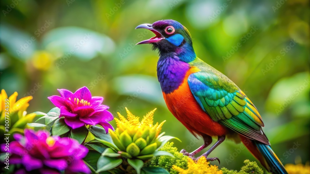 Obraz premium Vibrant Open Mouthed Bird Calling in Nature Surrounded by Lush Greenery and Colorful Flora