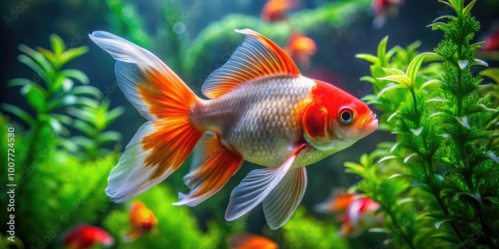 Vibrant Oranda Red Cap Goldfish Swimming Gracefully in a Clear Aquarium with Lush Green Plants Vibrant Oranda Red Cap Goldfish Swimming Gracefully in a Clear Aquarium with Lush Green Plants