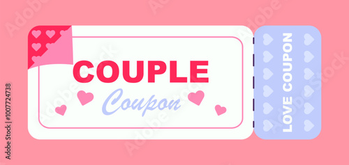 Love coupon concept. Romantic gift and present. Valentines Day or anniversary. Surprise for boyfriend or girlfriend. Poster or banner. Flat vector illustration