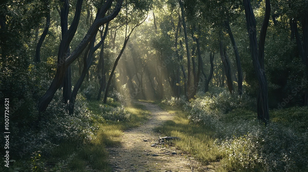 Naklejka premium A winding path through a dense forest, sunlight filtering through the trees.
