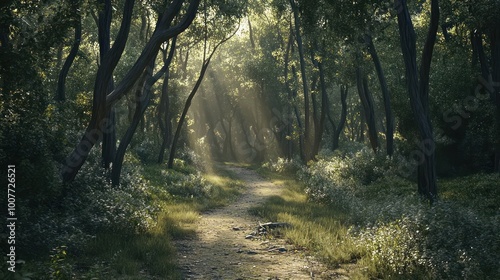 A winding path through a dense forest, sunlight filtering through the trees.