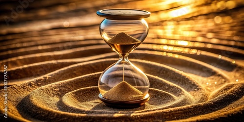 A lone hourglass stands atop a worn, ancient clock face, its dwindling sand trickling away, emphasizing the urgency of making the most of fleeting time. photo