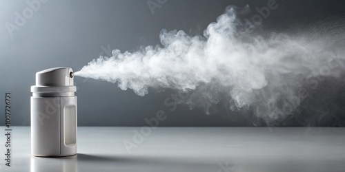 A handheld medication device with a canister and nozzle, emitting a misty cloud of aerosolized relief, sitting on a clean, white, reflective surface.