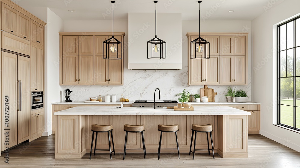 Fototapeta premium Modern kitchen featuring light wood cabinets, a central island with stools, elegant pendant lighting, and a minimalist design emphasizing natural light.