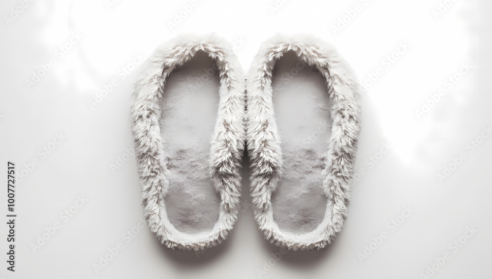 Elegant gray fluffy slippers resting on a white background Elegant gray fluffy slippers resting on a white background