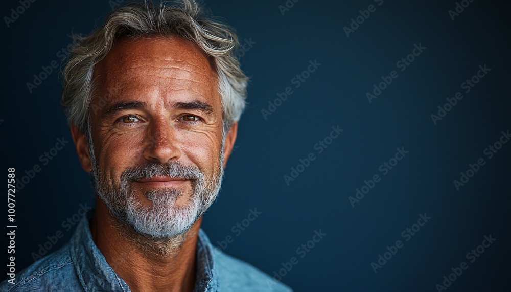 Smiling Middle-Aged Man in Casual Attire Against Navy Blue Background Smiling Middle-Aged Man in Casual Attire Against Navy Blue Background