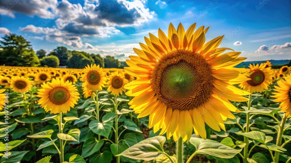 Fototapeta premium Vibrant Sunflower Field in Jarrettsville Maryland Under a Bright Blue Sky on a Sunny Day