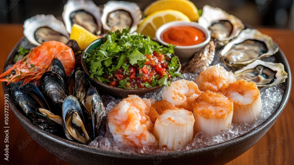 A fresh seafood platter featuring scallops alongside oysters, prawns, and mussels, presented on ice with lemon wedges and cocktail sauce. A fresh seafood platter featuring scallops alongside oysters, prawns, and mussels, presented on ice with lemon wedges and cocktail sauce.