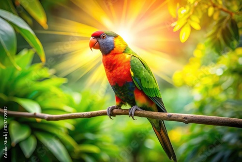 Vibrant Sun Parrot Bird Perched on a Branch Against a Bright Tropical Background in Nature's Beauty
