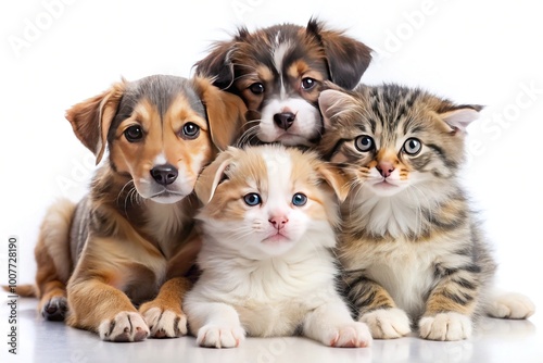 Adorable puppies and kittens snuggle up together, showcasing their playful friendship, on a crisp white background, highlighting their soft fur and endearing expressions.