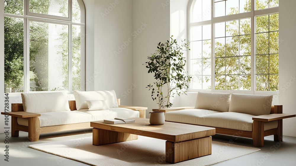 Fototapeta premium A modern, minimalist living room featuring wooden furniture, soft white cushions, and large windows allowing natural light.