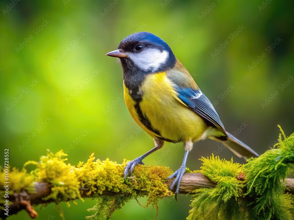 Fototapeta premium Vibrant Titmouse Perched on Branch Surrounded by Lush Green Foliage in Natural Habitat Setting