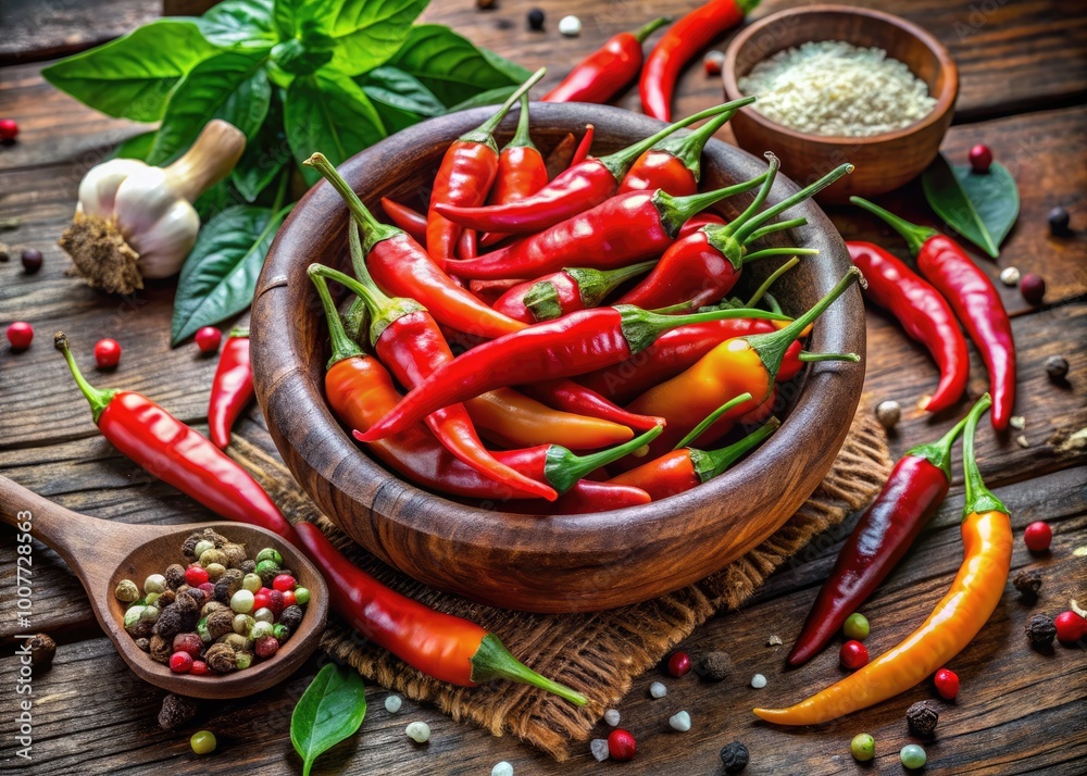 Vibrant Thai Bird Peppers in a Rustic Wooden Bowl Surrounded by Fresh Herbs and Spices Vibrant Thai Bird Peppers in a Rustic Wooden Bowl Surrounded by Fresh Herbs and Spices