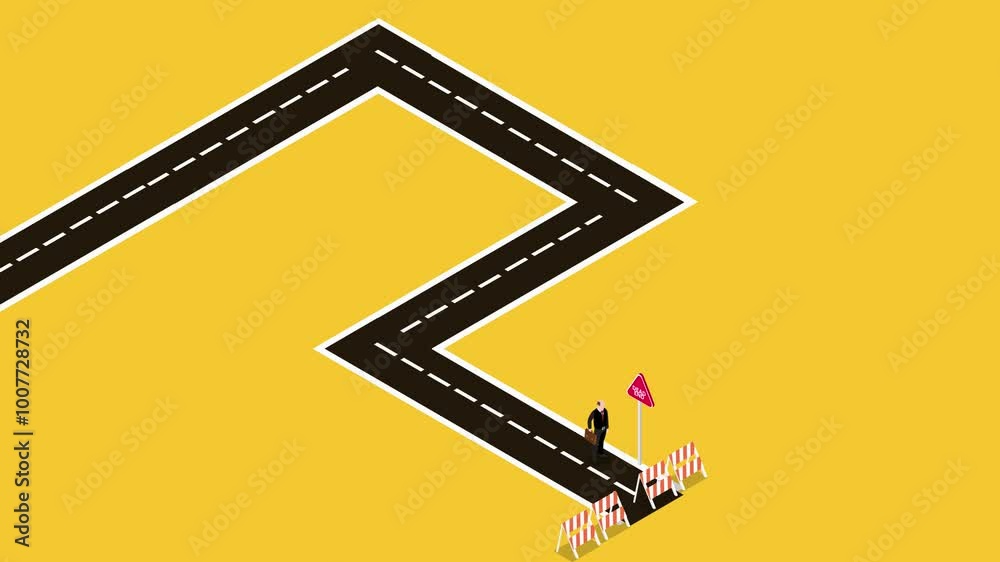 Businessman Facing Dead End on Zigzag Road 3d animation cartoon
