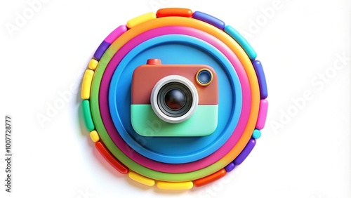 Colorful, modern social media icon featuring a stylized camera surrounded by a circular frame, symbolizing online visual storytelling and community engagement. photo