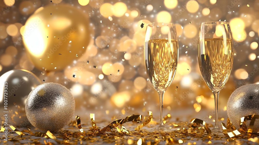 New Year’s Eve party decorations featuring a gold and silver theme with festive balloons, confetti, and a vibrant celebratory atmosphere New Year’s Eve party decorations featuring a gold and silver theme with festive balloons, confetti, and a vibrant celebratory atmosphere