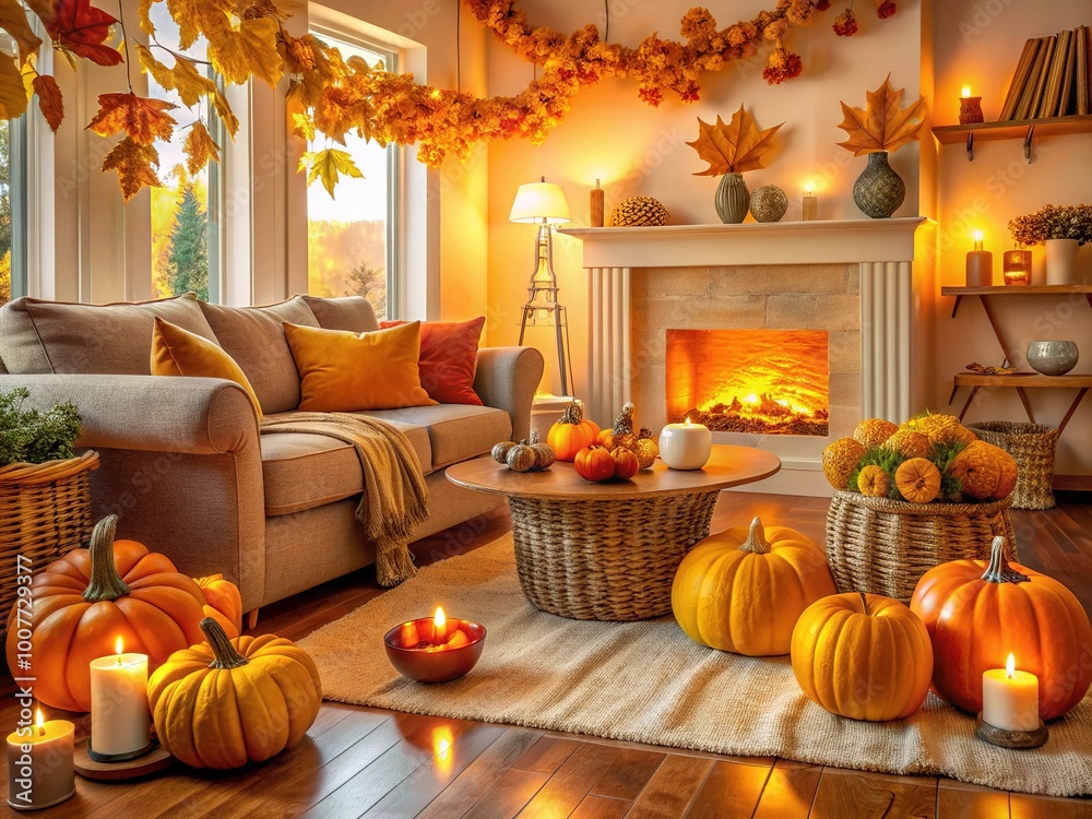 Obraz premium Cozy apartment living room warmly decorated for fall with vibrant orange and yellow leaves, pumpkins, and throw blankets amidst soft golden lighting and rustic accents.
