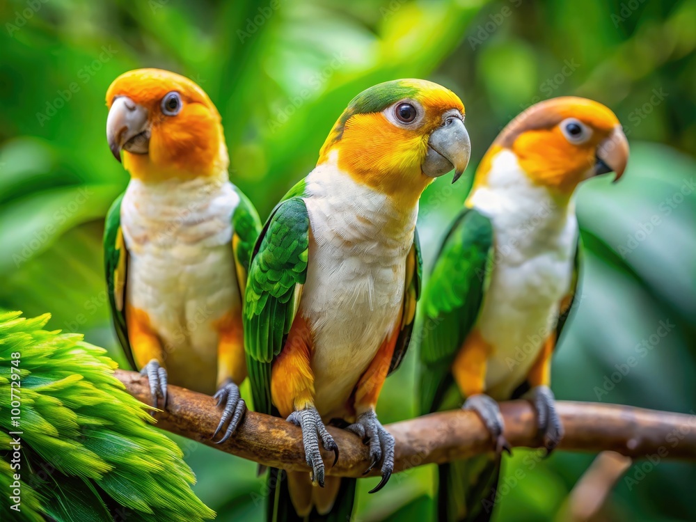 Obraz premium Vibrant White Bellied Caique Birds Perched on Branches in a Lush Green Tropical Environment