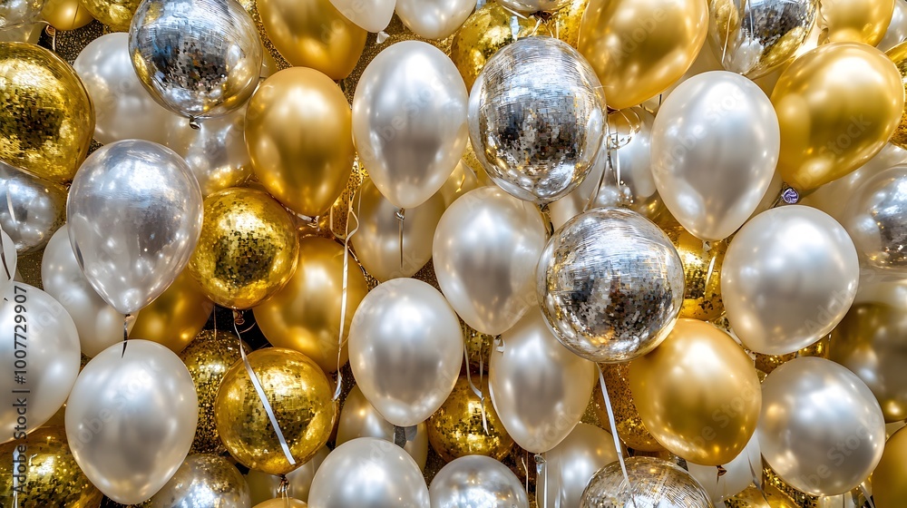 New Year’s Eve party decorations featuring a gold and silver theme with festive balloons, confetti, and a vibrant celebratory atmosphere New Year’s Eve party decorations featuring a gold and silver theme with festive balloons, confetti, and a vibrant celebratory atmosphere