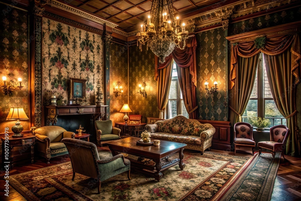 Obraz premium Dimly lit, ornate antique furnishings fill a nostalgic, high-ceilinged parlor with rich velvet drapes, distressed wood paneling, and faded, floral-patterned wallpaper.