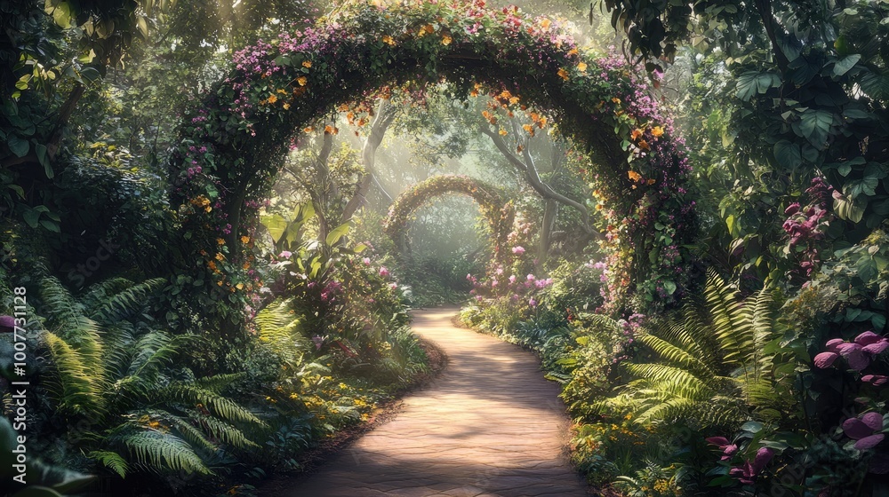 Fototapeta premium A lush garden archway covered in climbing vines and flowers, leading into a secluded, peaceful area filled with ferns and shade-loving plants.