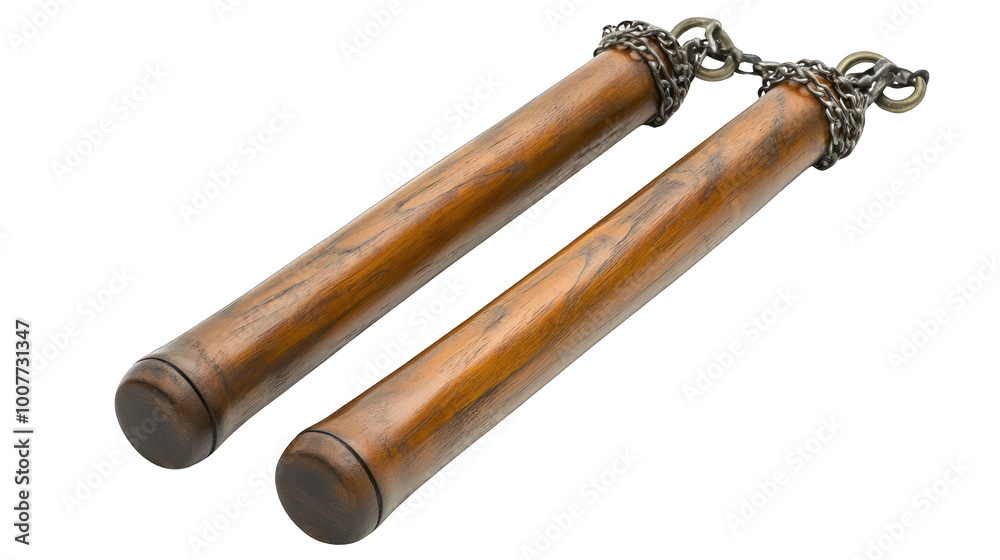 view of a pair of nunchucks with a wooden finish and chain link transparant background view of a pair of nunchucks with a wooden finish and chain link transparant background