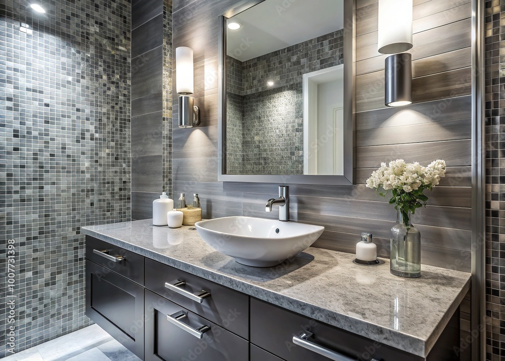 Elegant bathroom features a sleek, wall-mounted vanity with a marble countertop, surrounded by shimmering grey glass tiles and a modern, chrome-finish faucet fixture. Elegant bathroom features a sleek, wall-mounted vanity with a marble countertop, surrounded by shimmering grey glass tiles and a modern, chrome-finish faucet fixture.