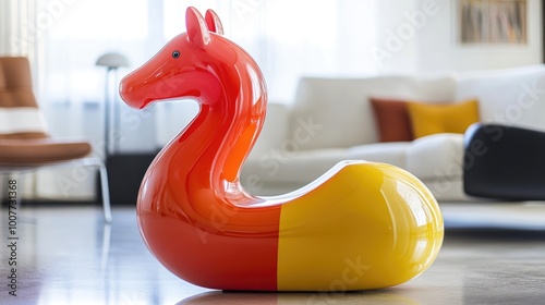 A modern, brightly colored plastic rocking horse in a clean, minimalist living room, with the playful object contrasting against the sleek, neutral decor. photo