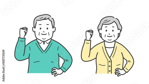 ガッツポーズをする高齢者小太り男女の上半身イラスト
