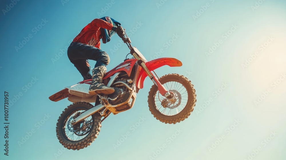 A motocross rider flying through the air, pulling off a trick with one hand off the handlebars, set against a clear blue sky. A motocross rider flying through the air, pulling off a trick with one hand off the handlebars, set against a clear blue sky.