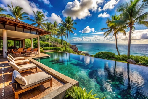 Exquisite oceanfront villa with lush tropical gardens, infinity pool, and lavish outdoor seating area overlooking turquoise waters and majestic volcanic landscapes in Hawaii. photo