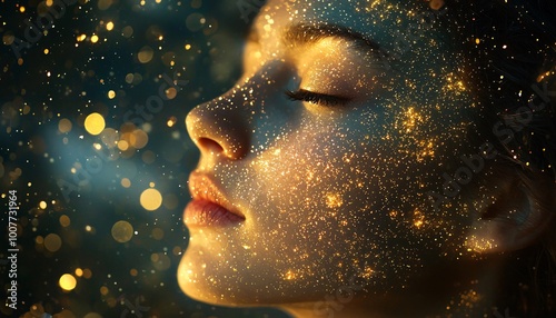 Enchanting Close-Up of Starry Night Figure Adorned with Shimmering Stars in Twilight Sky Radiating Magic and Wonder