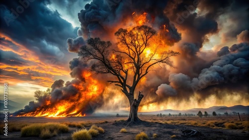 Flames engulf a ravaged landscape, with smoke billowing into a darkening sky, as a charred tree stands as a stark reminder of the destructive force. photo