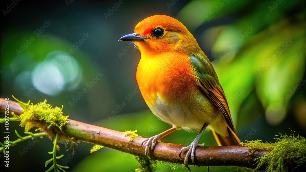 Fototapeta premium Vivid Yellow and Orange Bird Perched on a Branch Against a Soft Green Background in Natural Habitat