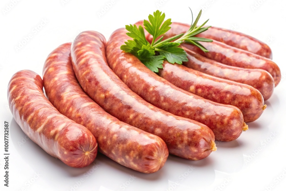 Freshly cut juicy raw sausage links scattered on a clean white background, showcasing the meat's natural texture and appetizing color in high-definition detail. Freshly cut juicy raw sausage links scattered on a clean white background, showcasing the meat's natural texture and appetizing color in high-definition detail.