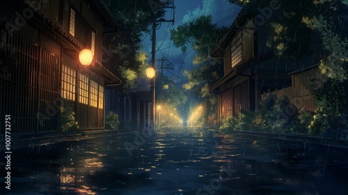 nice anime background for theme, flood in the town