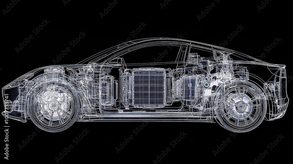 A wireframe rendering of a sports car, revealing the engine, interior, and body structure.