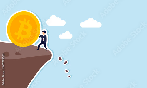 A businessman holds back a large Bitcoin rolling down a cliff, illustrating efforts to maintain the value of Bitcoin investment assets